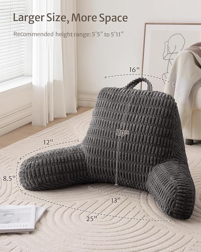 Blissful Diary Reading Pillow, Large Backrest Pillow with Shredded Memory Foam for Adult & Children, Designed for Bed and Couch Sitting Up, Includes Arms, Pockets and Washable Cover, Dark Gray