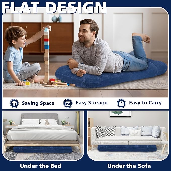 Folding Floor Chair 14-Position Cushioned Adjustable Floor Lazy Sofa Chair w/Breathable Cotton & Skin-Friendly Flannel for Adults & Kids Ideal for Reading Meditating, Navy