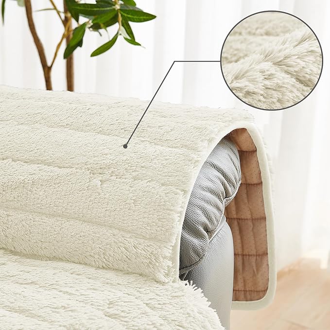 RBSC Home Plush Recliner Slipcover Chair Covers Artificial Wool Lazy Boy Cover Quilted Cover for Recliner Chairs and Furniture (Ivory, 30")