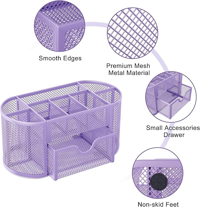 EasyPAG Mesh Pen Holder Desk Organizer with Drawer Stationery Supplies Organizer for Dorm School 9 Compartments Workspace Desk Accessories Organization for Office (Light Purple)