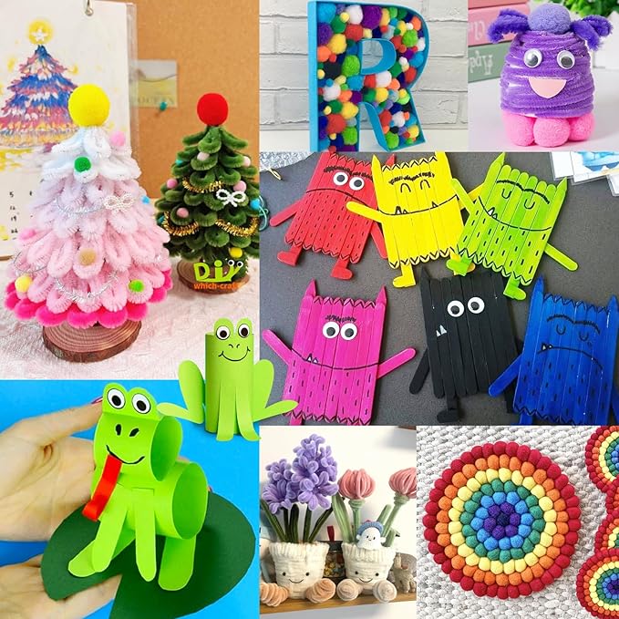 FUNZBO Arts and Crafts Supplies for Kids - Craft Kits with Pipe Cleaners, Popsicle Stickers, Construction Paper, Pom Poms & Googly Eyes, All in One Homeschool Supplies, Gifts for Girls & Boys Age 4+