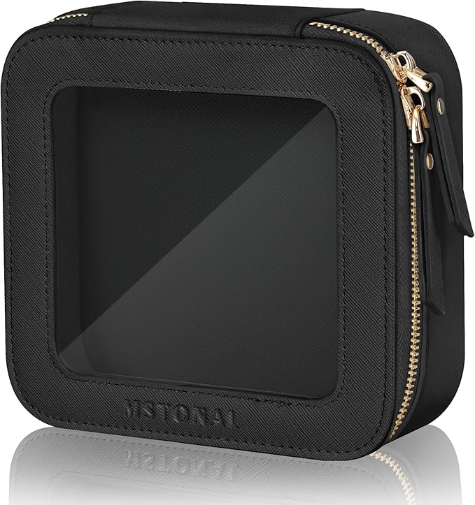 MSTONAL Clear Makeup Bag, Travel Toiletry Bag Cosmetic Case for Women, Waterproof Portable Small Make Up Skincare Pouch with Zipper, Compact Car Organizer Bag for Essentials, Mini Size, Black
