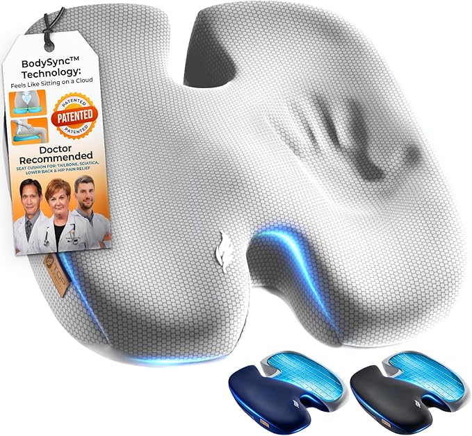 Seat Cushion, BodySync™ Technology with Non-Slip Gel & Memory Foam for Tailbone, Sciatica & Back Pain Relief, Office Chair Cushion, Car Seat Cushions for Driving (Light Grey)