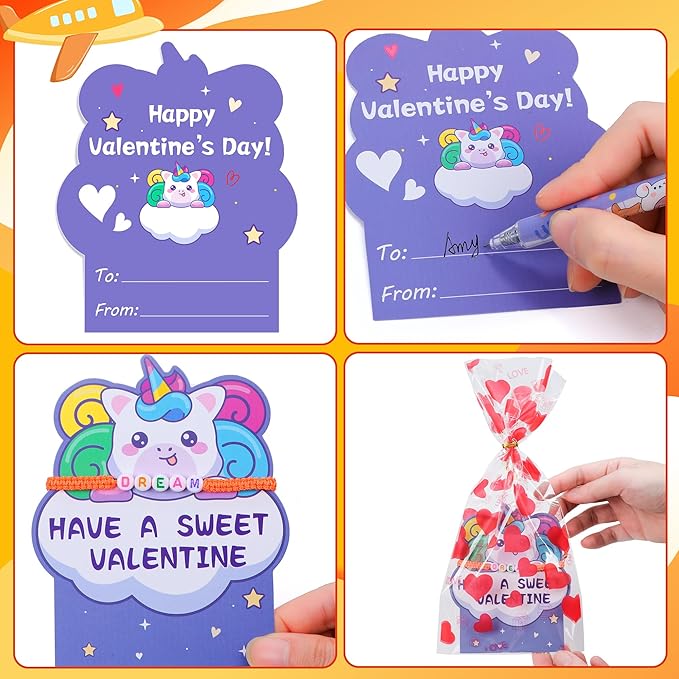 32Pack Valentines Day Gifts for Kids Classroom, Valentines Cards with Friendship Bracelets Goodie Bag, Girls Boys Students Valentine Greeting Cards Bracelets School Prizes Exchange Gifts Party Favors