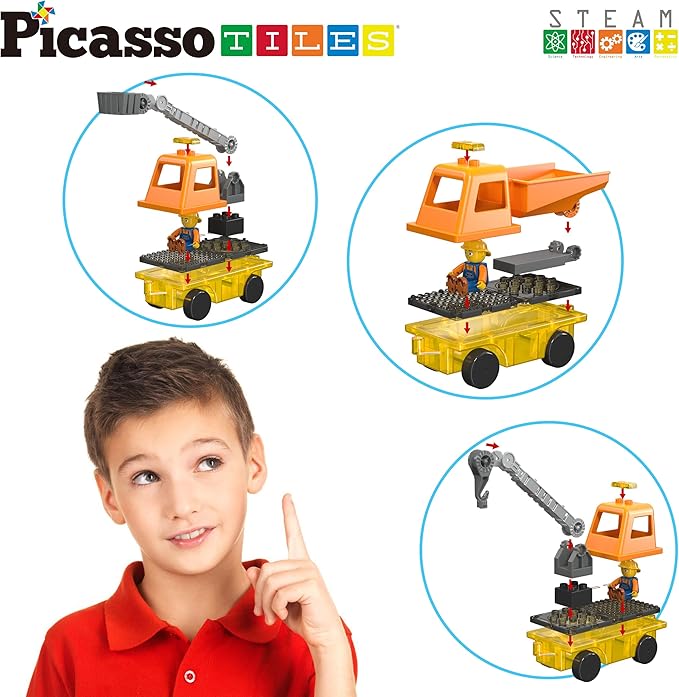 PicassoTiles Magnet Tile Building Blocks 3-in-1 Crane, Dump Truck, and Ladder Construction Vehicle Brick Compatible Magnetic Tiles Toy Set with Car Base Character Action STEM Learning Kit Age 3+ PTU03