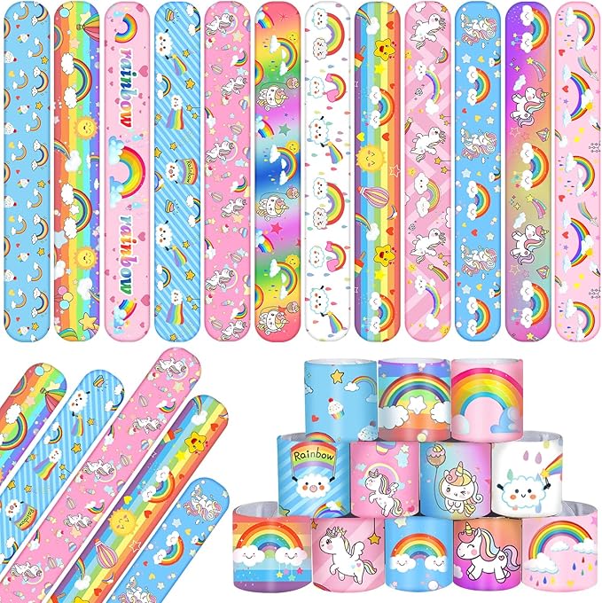 48PCS Rainbow Party Favors Rainbow Unicorn Slap Bracelets Wristbands for Rainbow Unicorn Birthday Decorations Supplies Goodie Bag Fillers for Boys Girls
