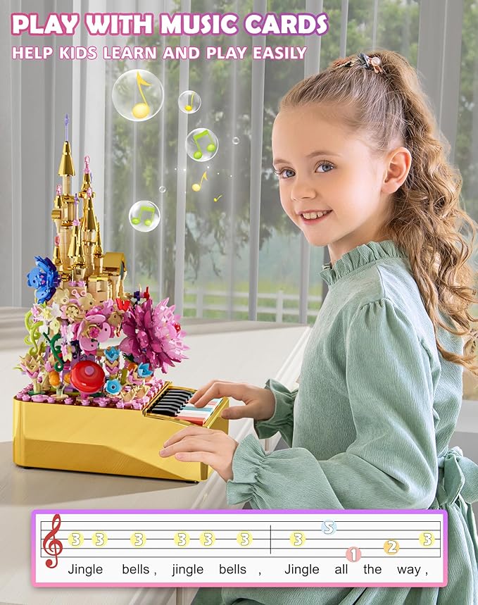 Flowers Castle Building Sets with Piano Keyboard for Kids and Adults, 771PCS Light Up Botanical Building Blocks Musical STEM Toys, Carnival Birthday Gifts for Girls and Boys Aged 6-12+