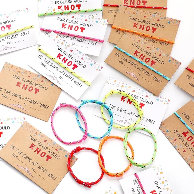 30 Pcs Kids Valentine's Day Card Adjustable Friendship Bracelets Our Class Will Knot Be The Same Without You Classroom Valentine Exchange Gifts for Kids Students Girls Boys School Party Favors