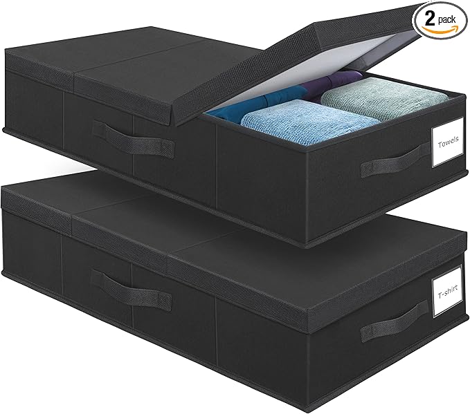 Underbed Storage Containers Bin with Lids (Set of 2) Large Under Bed Storage Organizer Box with Handle, Foldable Under the Storage Bags for Organizing Clothes, Shoes, Blankets, Pillows-Black