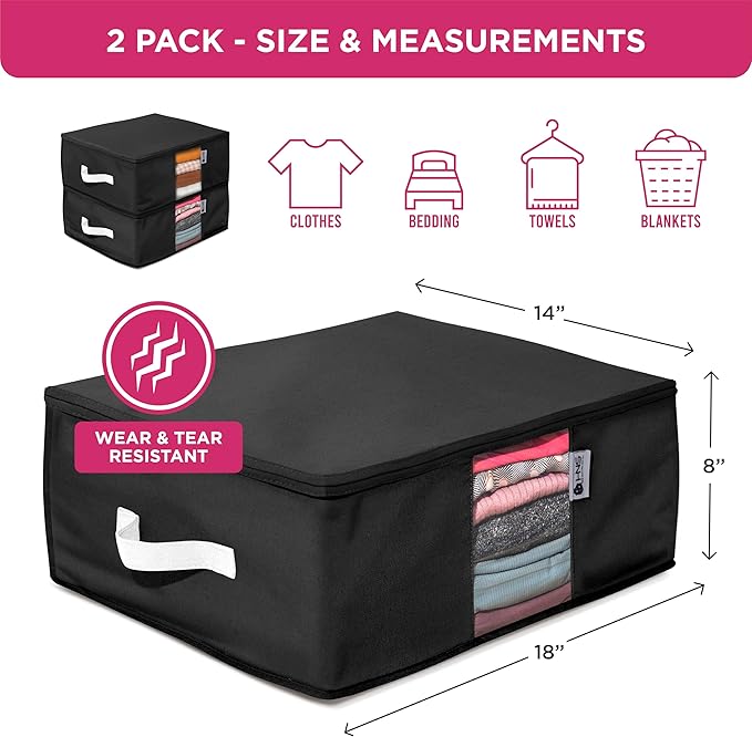 Cedar Clothes Storage Bag Organizer – Protects from Moths, Moisture, Dirt & Dust – Set of 2 Underbed Storage Bags for Clothes, Cashmere Sweaters, Bedding & More - Underbed Storage - Black