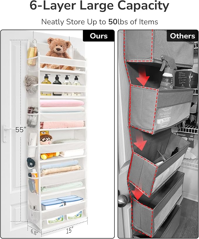 ULG Over The Door Organizer with 6 Large Pockets 12 Side Pockets, 50lbs Weight Capacity Door Hanging Organizer for Bedroom, Bathroom, Pantry, Nursery Storage, Beige