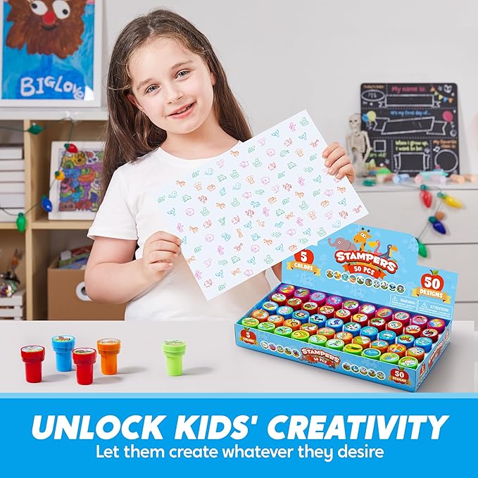 JOYIN 50 Pcs Animal Stamps for Kids, with 50 Different Designs, Farm,Sea Animals,Stamps for Crafting, Prize Box Toys for Classroom, Kids Party Favor
