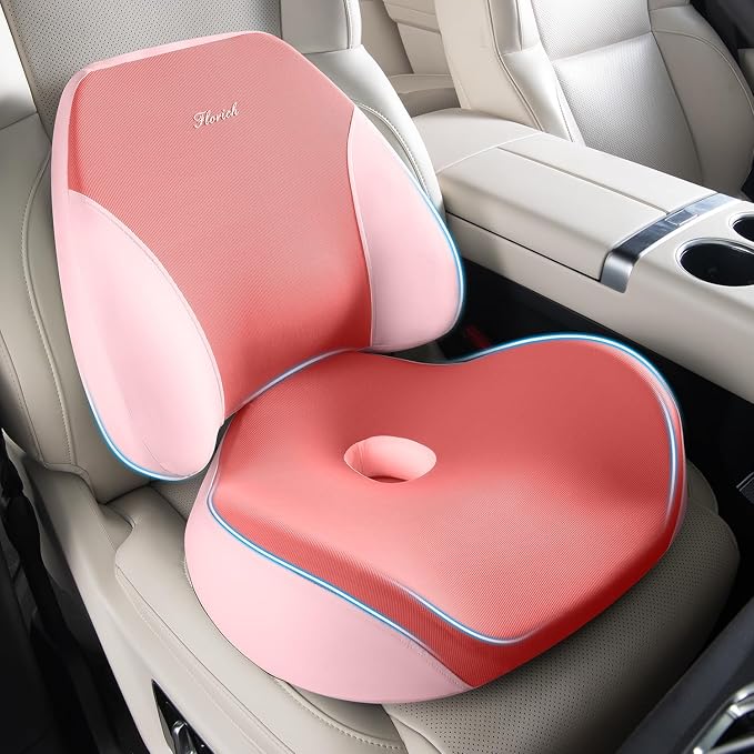 FLORICH Lumbar Support Pillow and Car Seat Cushion for Driving Car Office Chair, Memory Foam Back Support Pillow and Office Seat Chair Cushion for Sciatica Pain Relief - Pink