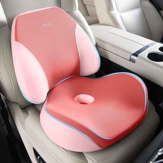 FLORICH Lumbar Support Pillow and Car Seat Cushion for Driving Car Office Chair, Memory Foam Back Support Pillow and Office Seat Chair Cushion for Sciatica Pain Relief - Pink