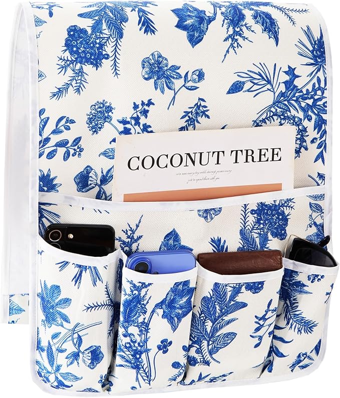 FLYILY Sofa Armrest Organizer Non-Slip Arm Chair Hanging Caddy Remote Control Holder for Magazine,Tablet, Phone, Books, Glasses(BlueFloral,13in)