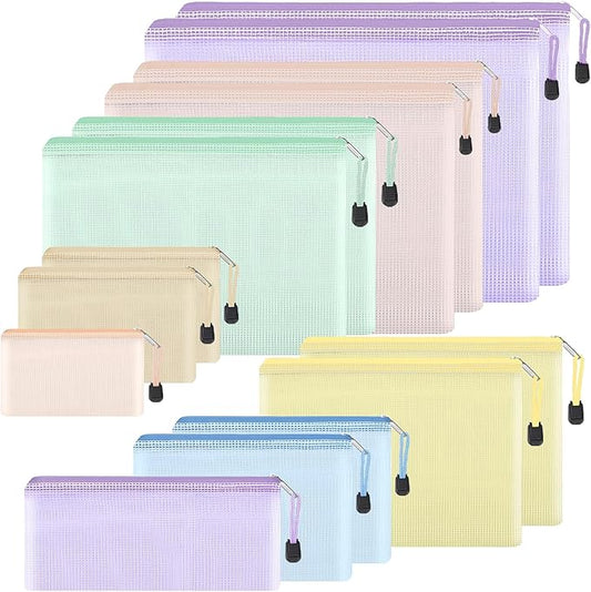 EOOUT 14pcs Mesh Zipper Pouch, 8 Sizes Waterproof Zipper Bags, 7 Colors Waterproof Plastic Document Pouch, Multipurpose for Travel Storage, Office Appliances, Home Organize