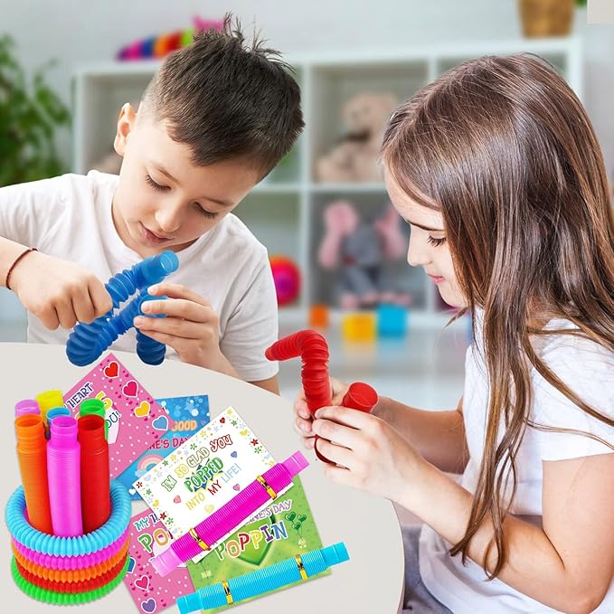 32 Pack Valentines Day Gifts for Kids, Valentines Day Cards for Kids with Pop Tubes, Stress Relief Fidget Toys for Valentine Classroom School Exchange Prizes Party Favors Supplies