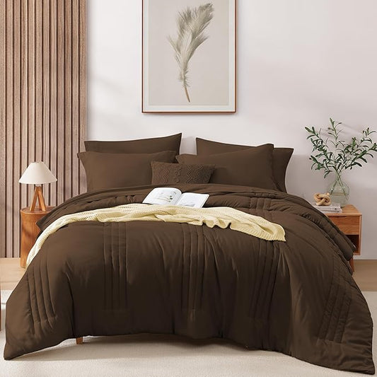 Monbix Full Comforter Set - 7 Pieces Chocolate Brown Bed in a Bag Full Size Bedding Sets with Comforters, All Seasons Comforter with Sheets, Pillowcases & Shams