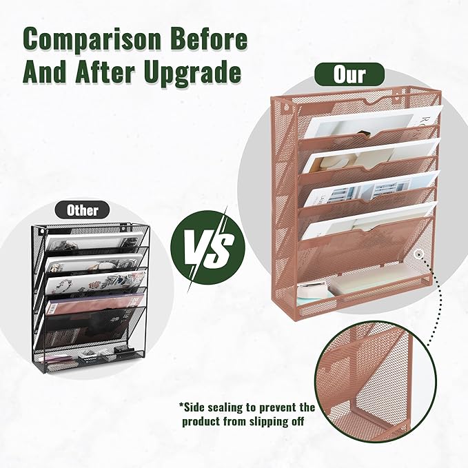 EASEPRES 6 Tier Mesh Hanging Wall File Organizer, Desk Vertical Mail Paper Document Folder Holder Rack with Bottom Tray and Nametag Label for Office Home School, Brown