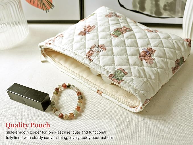 HAPPYHEIDI Cotton Quilted Makeup Bag Cosmetic Toiletry Travel Pouch Purse accessory Organizer, Little Blue Orchids