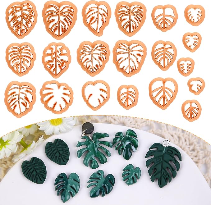 Puocaon Monstera Polymer Clay Cutters - 20 Leaves Clay Cutters for Polymer Clay Earrings Making, Tropical Leaf Clay Jewelry Cutters, Embossed Leaves Clay Cutters for Earrings, Monstera Clay Cutters