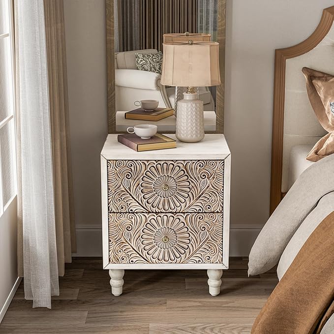 COSIEST Nightstand, 14" D x 18" W x 21.5" H MDF End Table with 2 Drawers, Vintage Style Wood Bedside Table, Bedroom Accessories for Home, Office, College Dorm