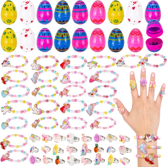 Atonofun 24 Pack Prefilled Easter Eggs with Pretend Girls Jewelry Surprise Toys, Easter Egg Filled with Bracelets Rings for Easter Basket Stuffer, Easter Egg Hunt, Decorations Dress Kit