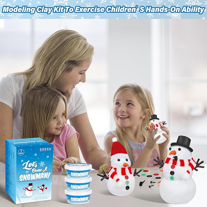 Christmas Craft Snowman Kit, 3 Pack DIY Snowman Craft Kit for Kids, Build a Snowman Indoor Decor, Creative Kids Air Dry Modeling Clay, Xmas Activities Snowman Making Kit for Kids Toys Favors