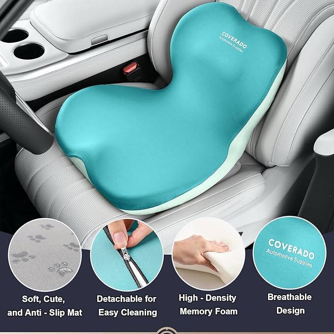 Coverado Car Seat Cushion and Lumbar Support Pillow One Piece, Memory Foam Ergonomic Back Support Driving Seat Cushion for Back Pain, Non-Slip Washable Cushion for Car, Driver, Office