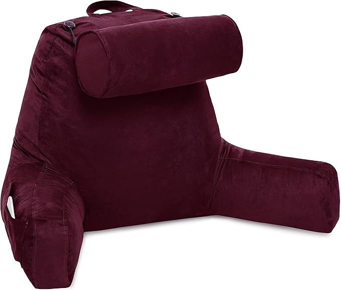 Husband Pillow XXL Aspen Edition, Adult Reading Sit Up Bed Rest Pillow for Bed with Arms & Neck Roll on Bungee Cord - Premium Memory Foam - Reversible 2 Sided Cover Micro Suede or Plush, Mauve Purple