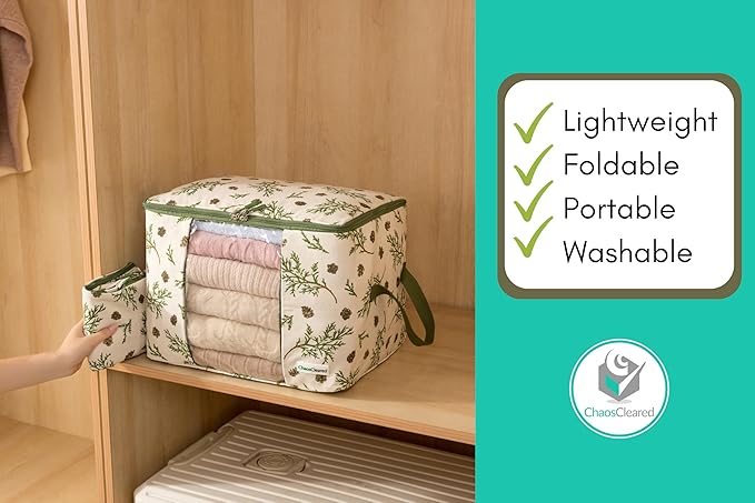 Canvas Storage Bags Designer Organizer 2 Pack – Seasonal Storage for Sweaters, Blankets, Linens & Garments – Foldable Design with Zip & Window, Moth-Proof Space Saver, Mistletoe Print
