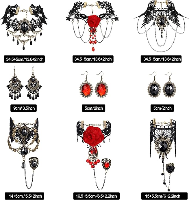Hicarer 13 Pcs Halloween Vampire Costume Jewelry Gothic Devil Vampire Choker Bracelet Earrings Vampire Teeth Fangs Red Black Lolita Pendant Choker Jewelry for Victorian Vampire Cosplay Zombie Party