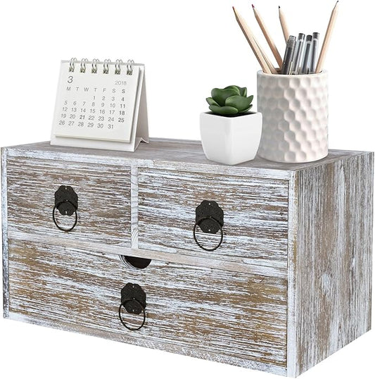 Washed Brown Wood Desk Organizer, Desktop Organizer with Drawers, Mini Tabletop Storage Organization Container for Home Office Supplies, No Assembly Required (3 Drawer)