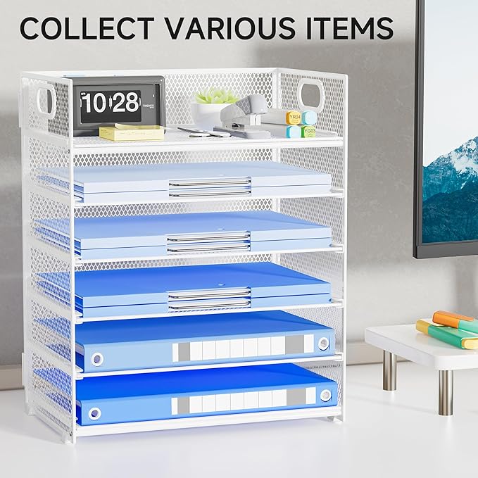 Paper Organizer for Desk with Handle, 6-Tier Metal Mesh File Organizer | Stackable Letter Tray for Office Documents & Stationery Storage