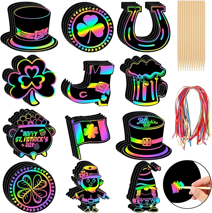 FEBSNOW 48 PCS St. Patrick’s Day Crafts for Kids, Rainbow Magic Scratch Art Shamrock Hanging Ornaments Scratch Paper Cards for St Patricks Day Party Favors Kids School Classroom DIY Crafts Decorations