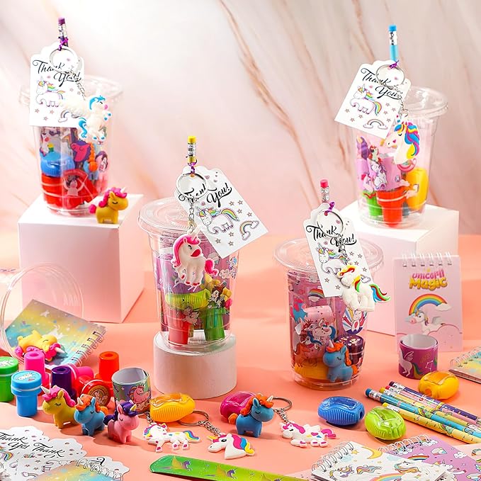 Colarr 161 Pcs Unicorn Party Favor Unicorn School Stationery Set Includes Gift Cup Notebook Pencil Sharpener Eraser Keychain Stamp Slap Bracelet Sticker Card for Unicorn Supplies