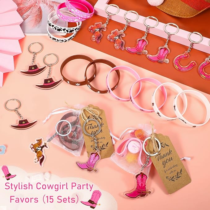HyDren 48 Pcs Cowgirl Birthday Party Favors Including Cowgirl Silicone Bracelets Stretch Wristbands Acrylic Keychains and Round Stickers for Western Themed Birthday Gathering Party Supplies