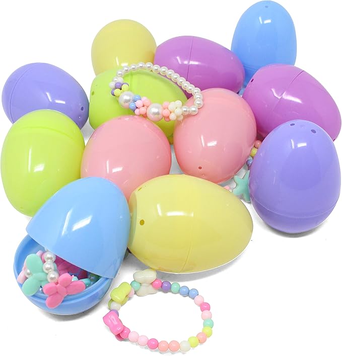 JOYIN 12 Pack Prefilled Easter Eggs with Jewelry Toys, Different Designs of Necklaces and Bracelets Girls Jewelry Set for Kids Easter Party Favor, Basket Stuffer, Classroom Exchange and Prize Supplies