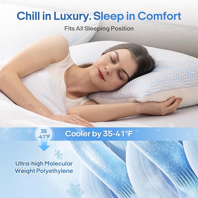 puredown® Cooling Goose Feather Down Pillow, Set of 1, Queen Size Bed Pillow Insert with Soft Cooling Pillowcase for Cool Sleep