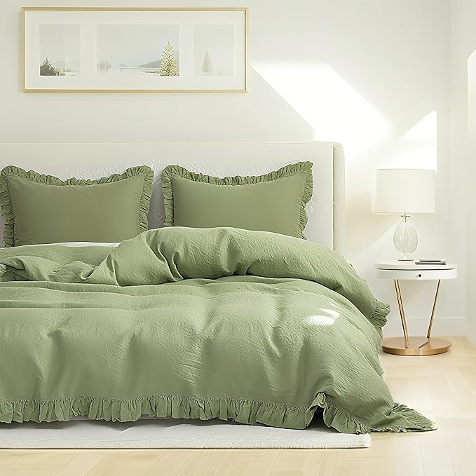 Simple&Opulence 100% Linen Duvet Cover Set, 3 PCS Natural French Flax Sage Green Ruffle Duvet Cover Full Size, Breathable Comfy Linen Bedding Comforter Cover with 2 Pillowcases (Sage Green, 78" X 86")