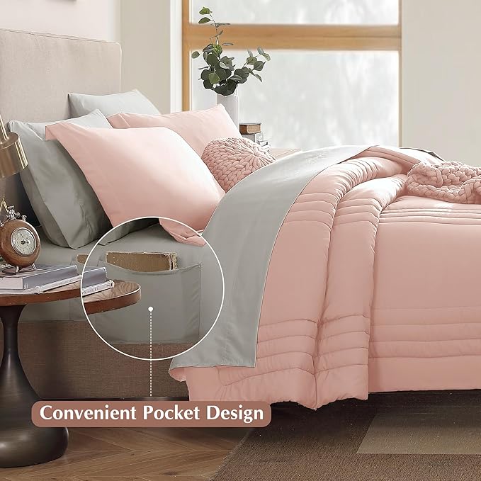 Monbix Queen Comforter Set - 7 Pieces Light Pink Bed in a Bag Queen Bedding Sets with Comforters, All Seasons Comforter Bed Set with Sheets, Pillowcases & Shams