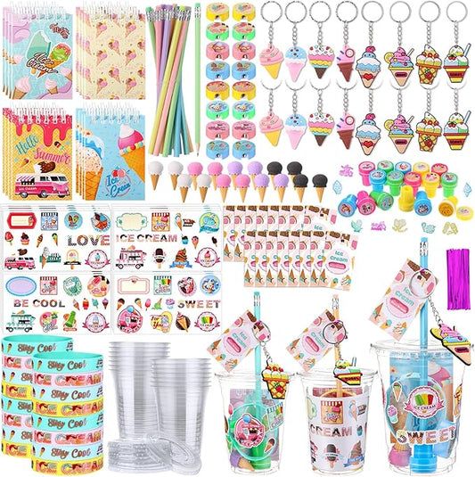 Colarr 161 Pcs Ice Cream Party Favors School Stationery Set Includes Gift Cup Notebook Pencil Sharpener Eraser Keychain Stamp Slap Bracelet Sticker Card Valentine's Day gift for Child Supplies