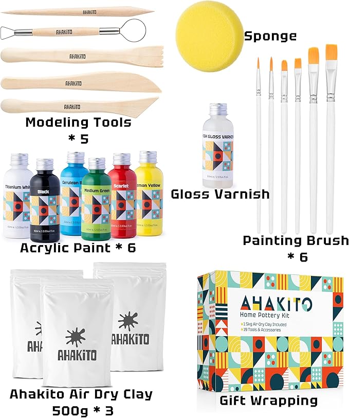 Ahakito Air Dry Clay for Adults, Pottery Clay DIY Kits for Adults Includes: Air Clay, Clay Sculpting Tools, Clay Paint, Brushes, Gloss Varnish for Air Dry Clay and Step-by-Step Comprehensive Guide