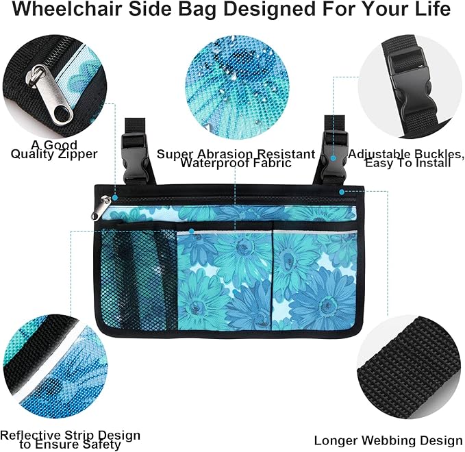 Wheelchair Side Bag, Upgrade Flower Color Wheelchair Armrest Storage Pouch with Cup Holder and Reflective Strip, Made with Waterproof Fabric, for Most Wheelchairs, Walkers and Rollators (Blue Floral)