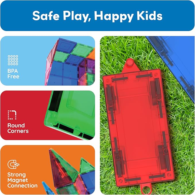 PicassoTiles 2 Piece Car Truck Construction Kit Toy Set Vehicle for Magnetic Blocks Building Tile Sensory Magnet Toys with Re-Enforced Hitch & Long Bed Educational Puzzle Girls Boys Toddlers Ages 3+