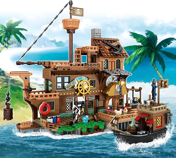 RiceBlock Pirate Ship Building Toys, Pirate Wharf Themed City Store Building Bricks Sets for Boys Age 8-12, 573 Pieces, Ideal for New Year 2024