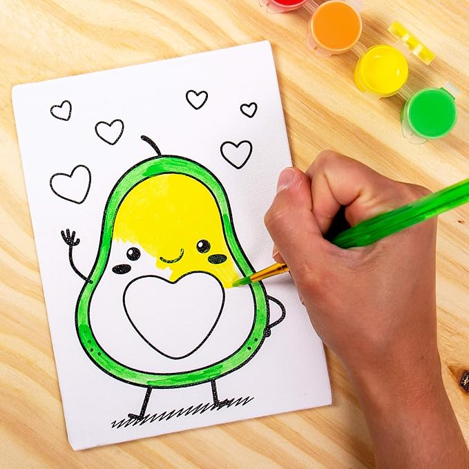 Horizon Group USA Pre-Printed Canvas & Paint Art Set. Ready to Paint 5" x 7" Canvas Panels, 12 Tempera Paints, 6 Easy-Grip Assorted Paintbrushes Included. Avocado, Llama, Rainbow Friends.
