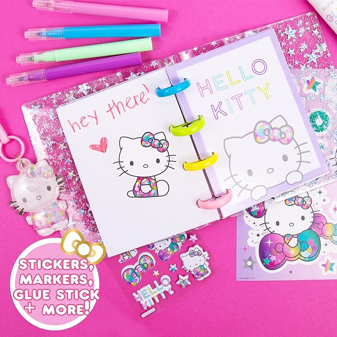 Horizon Group USA Hello Kitty DIY Glitter Micro Journal, 40+ Stationery Accessories Including Hello Kitty Stickers, Surprise Keychain, Interchangeable Binder Discs, Squishy Glitter Cover & More