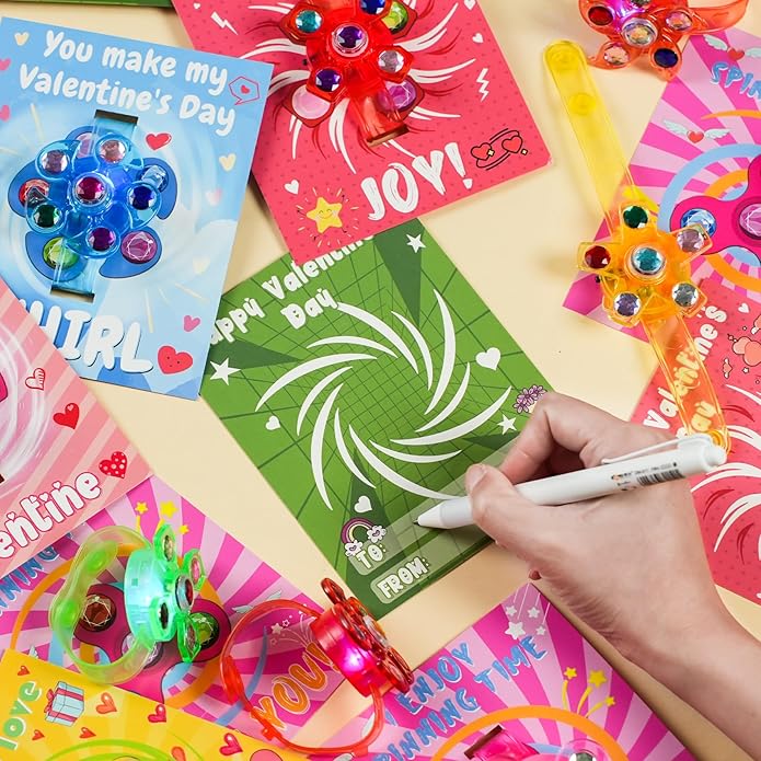 INST Valentines Day Gifts for Kids 30 Packs Valentines Day Cards with Light Up Fidget Spinner Bracelets for Kids Valentines Gift Exchange for Class Classroom Prizes Party Favors Supplies