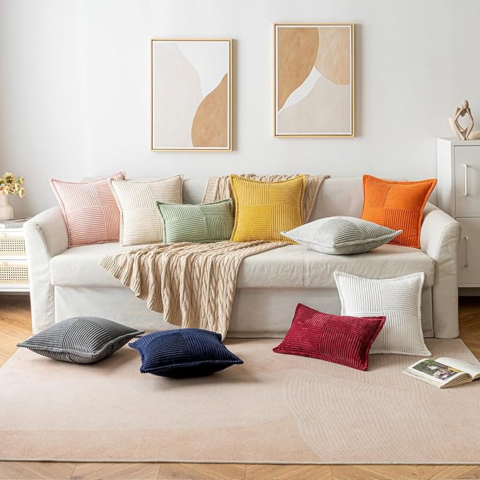 MIULEE Orange Decorative Throw Pillow Covers for Couch Bed Livingroom 16x16 Inch Set of 2 Boho Accent Throw Pllows Broadside Striped Patchwork Soft Corduroy Pillowcases